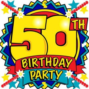 Colourful 50th birthday party graphic representing celebration entertainment