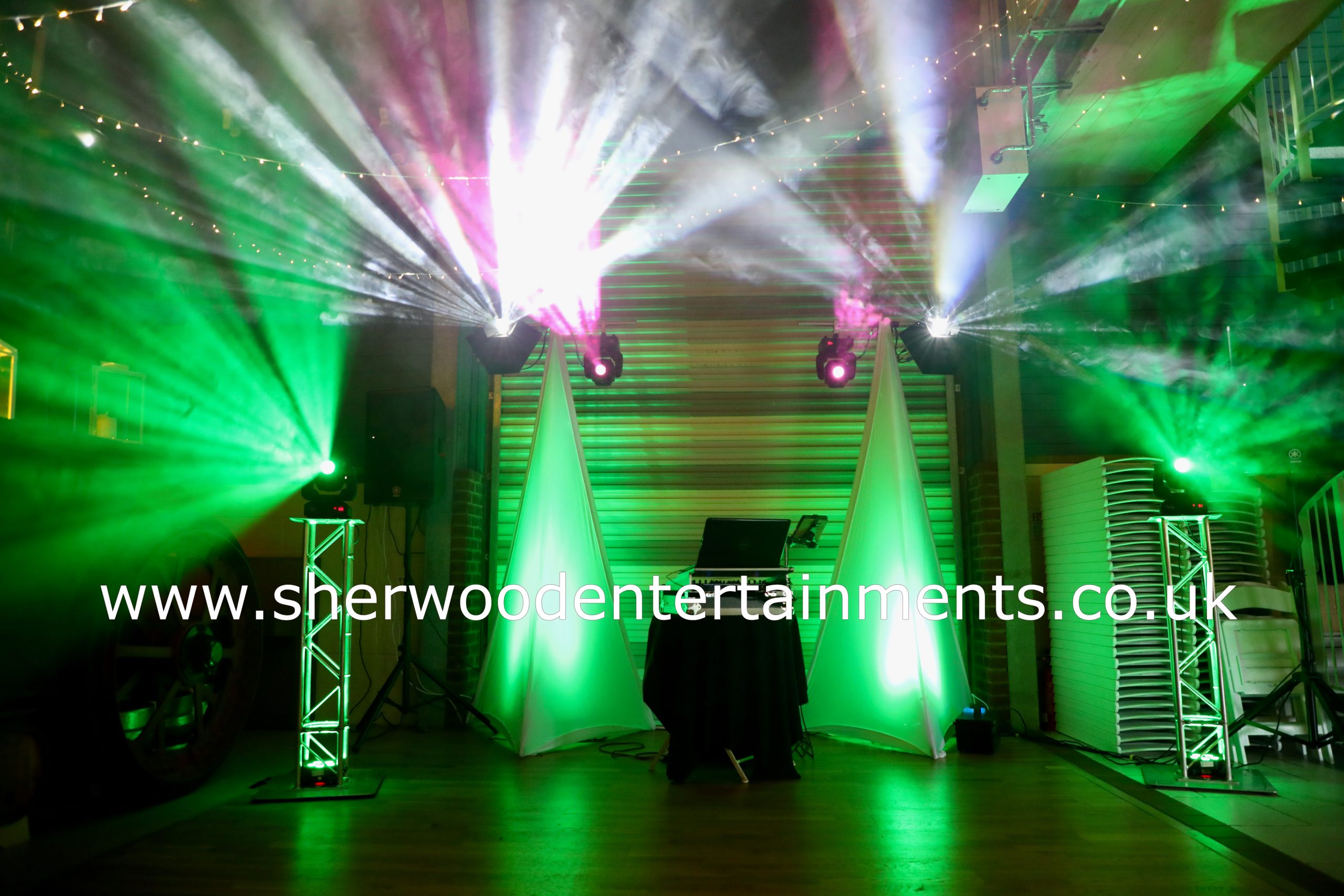 Professional DJ lighting setup for a wedding reception by Sherwood Entertainments in Devon and Cornwall