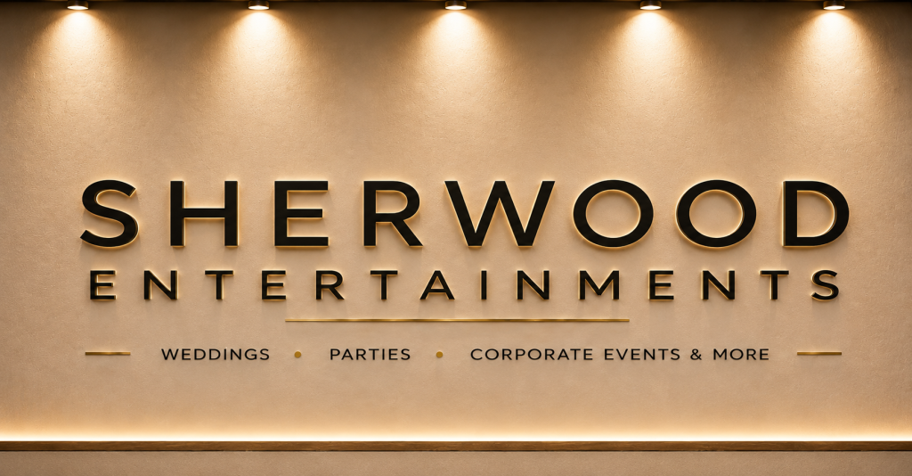 Sherwood Entertainments illuminated wall sign representing professional wedding DJ, party DJ and corporate event entertainment across Devon and Cornwall.