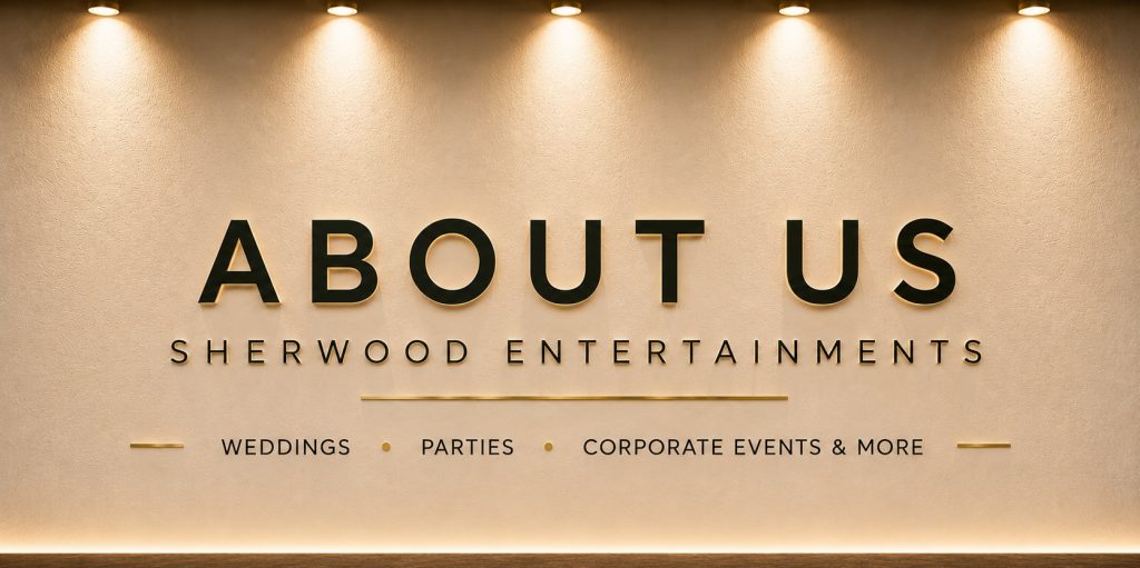Sherwood Entertainments About Us banner introducing experienced wedding DJ and mobile disco services across Devon and Cornwall