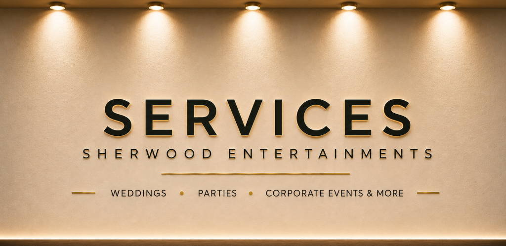 Sherwood Entertainments Services banner promoting wedding DJ, mobile disco and corporate event entertainment across Devon and Cornwall